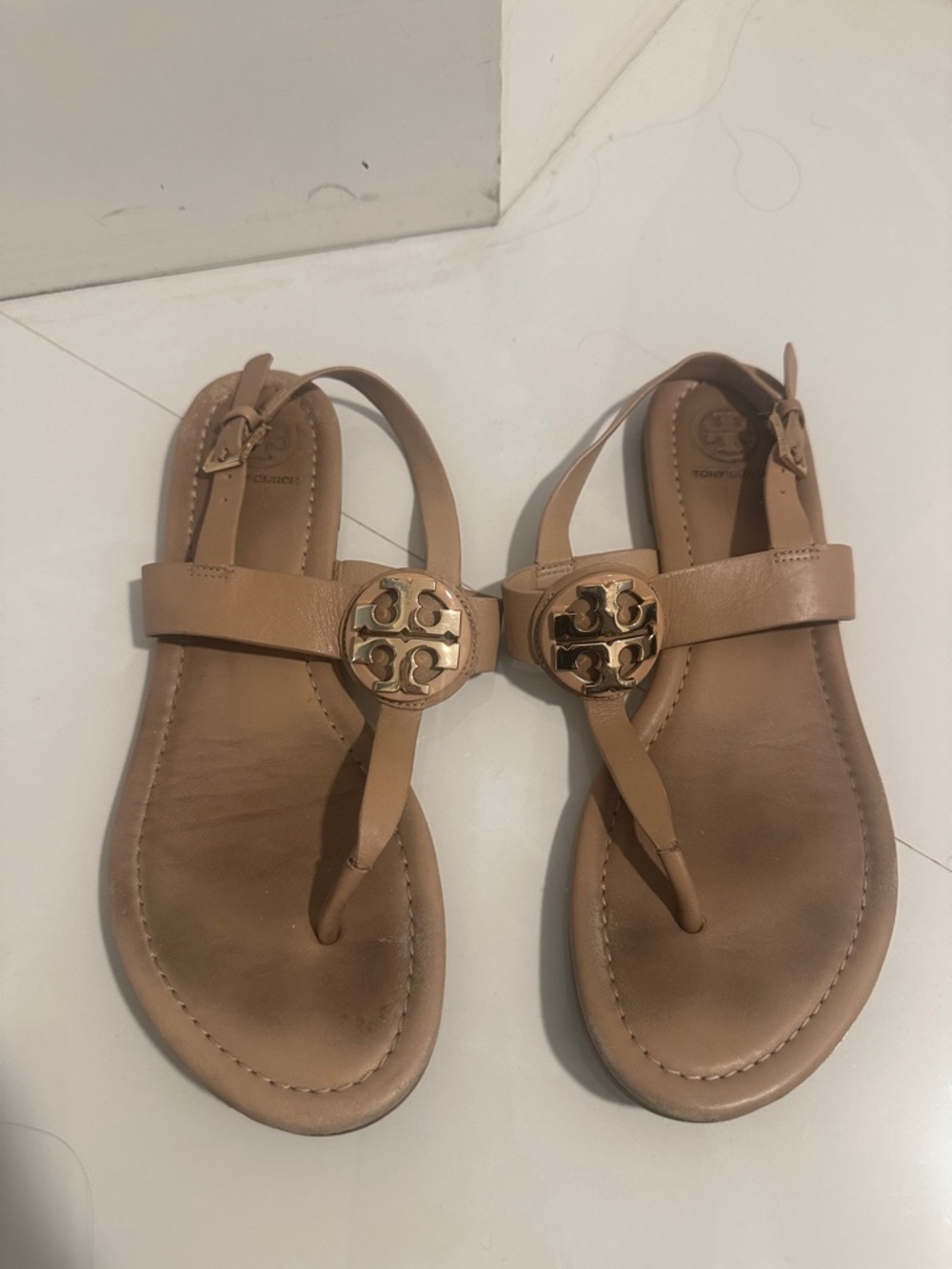 Tory Burch Tan Leather Logo Thong Sandals with Gold Medallions